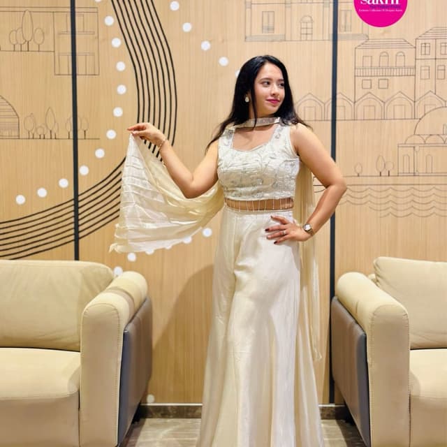 Ivory and subtle silver/pastel accents Crop top, palazzo pants, and shawl set