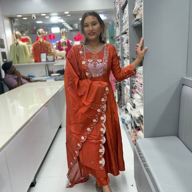 Burnt Orange, White, Purple, Green Salwar Kameez with Dupatta