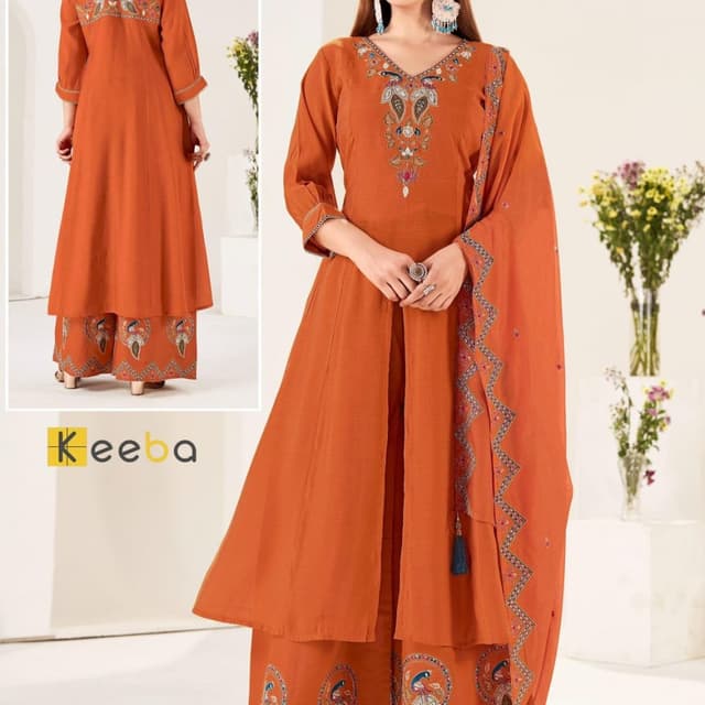 Orange with Multicolor accents Kurta with Palazzo and Dupatta Set