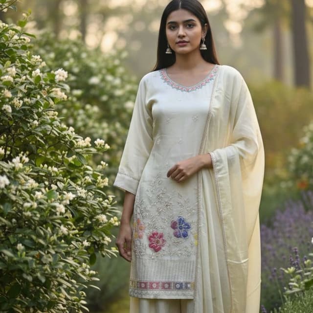 Ivory, with accents of pink, blue, and other pastel colors in the embroidery Salwar Kameez with Dupatta