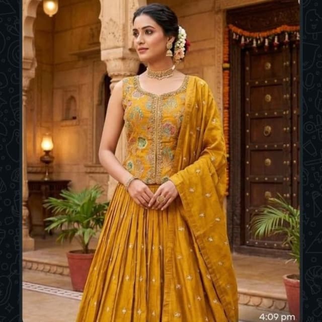 Mustard Yellow, Multicolor embroidery Lehenga Choli with Dupatta