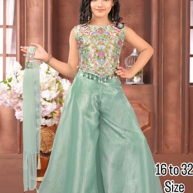 Seafoam green and multi-colored embroidery Palazzo Suit