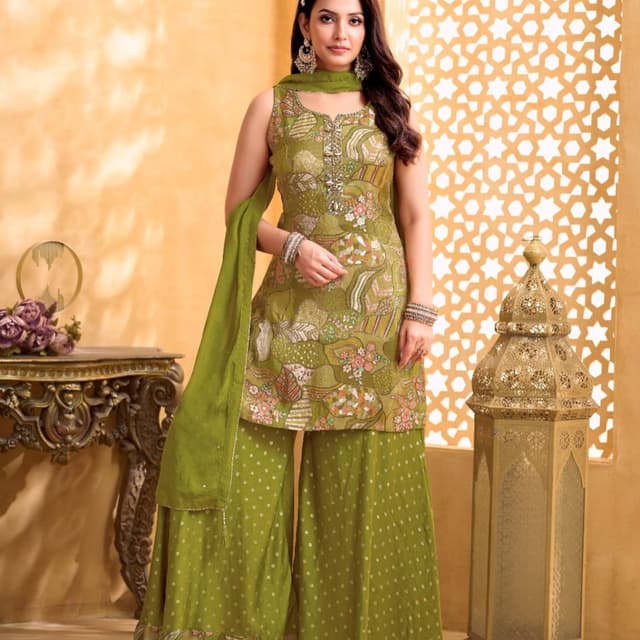 Olive Green, Pink, Beige Salwar Kameez