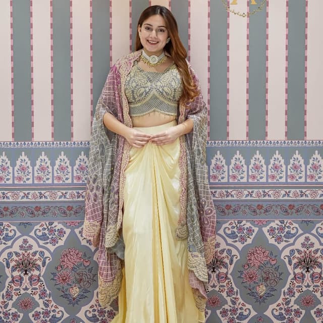 Soft Yellow, Grey, Purple, Gold Draped ensemble