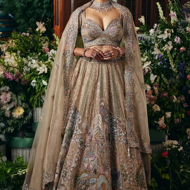 Gold, Beige, Pastel hues of Lavender, Pink, and Seafoam Green Lehenga Choli with Cape