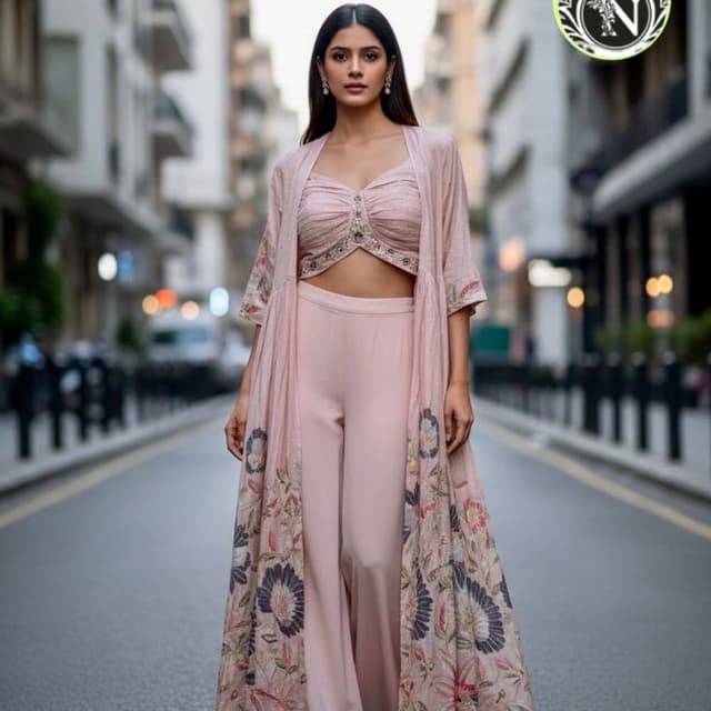 Light Pink, with floral patterns in various colors Co-ord Set (Crop Top, Pants, and Long Jacket)