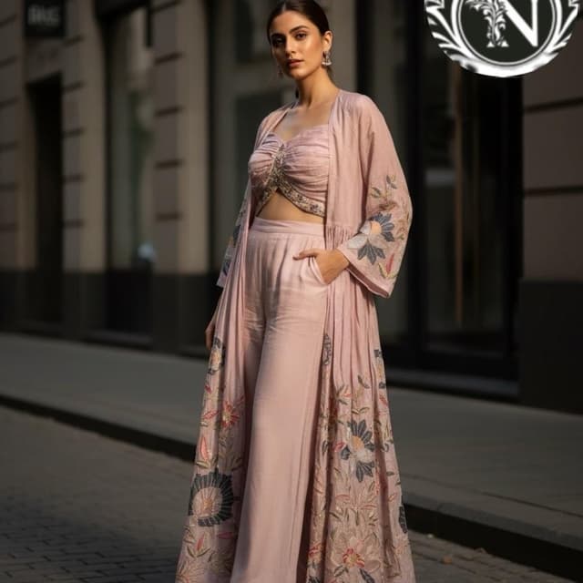 Pale pink with multi-colored embroidery Co-ord Set (crop top, trousers, and a long jacket)
