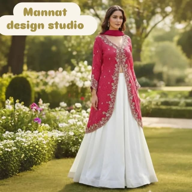 Red, White, and Gold Lehenga Set