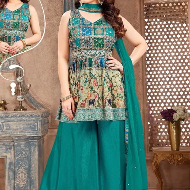 Teal, Green, Beige, and hints of Blue and Red Sharara Suit