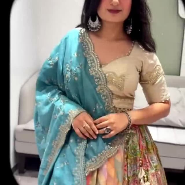 Teal, Beige, Multicolor Lehenga Choli with Dupatta