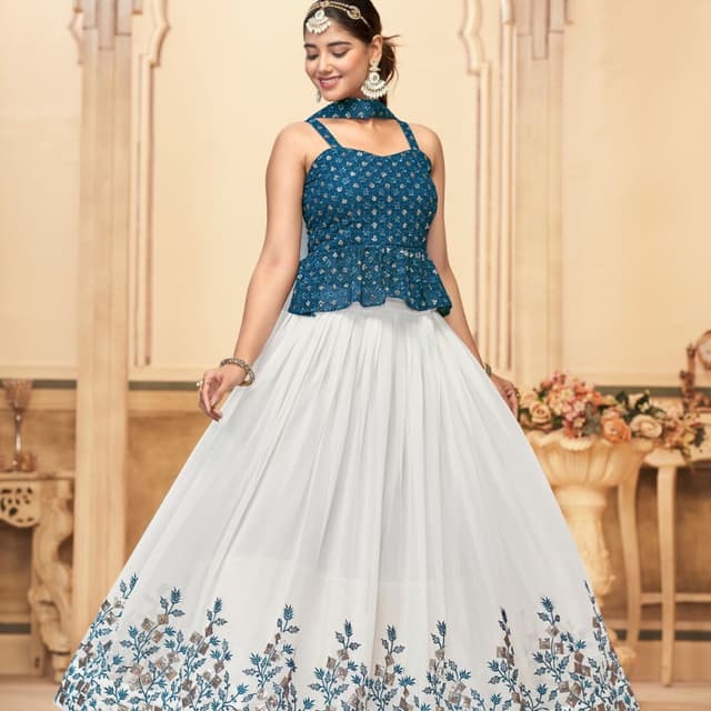 Teal, White, Gold Lehenga Choli