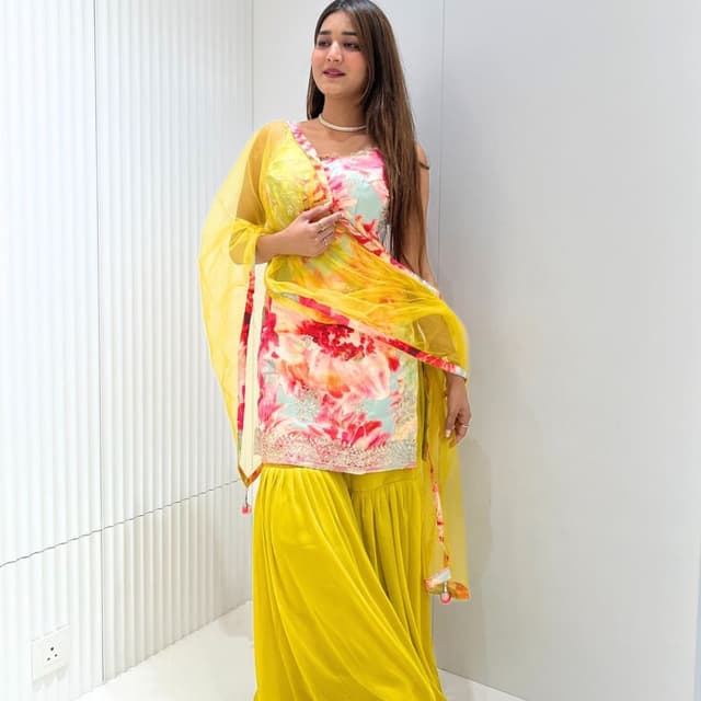 Yellow, Floral Print (Pink, Orange, and Blue) Sharara Suit