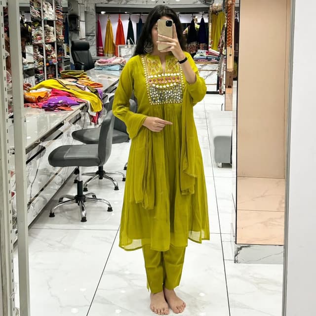 Lime Green with embellishments in silver and gold Salwar Kameez Suit