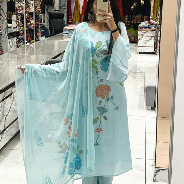 Light Blue, Teal, Peach, Green Salwar Kameez with Dupatta