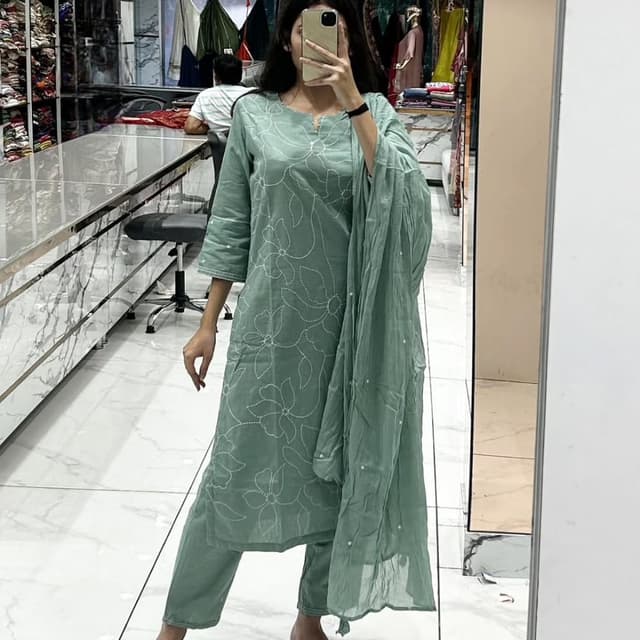 Sage Green and White Salwar Suit Set