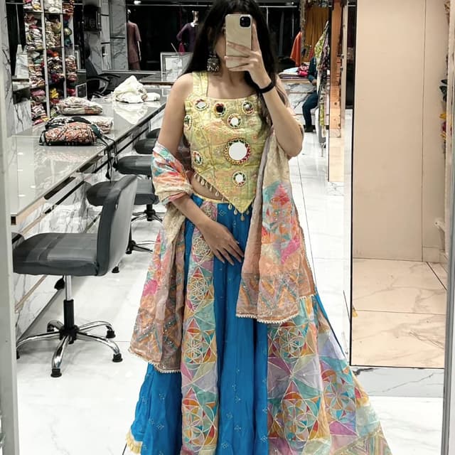 Yellow, Blue, and Multicolor Lehenga Choli with Dupatta