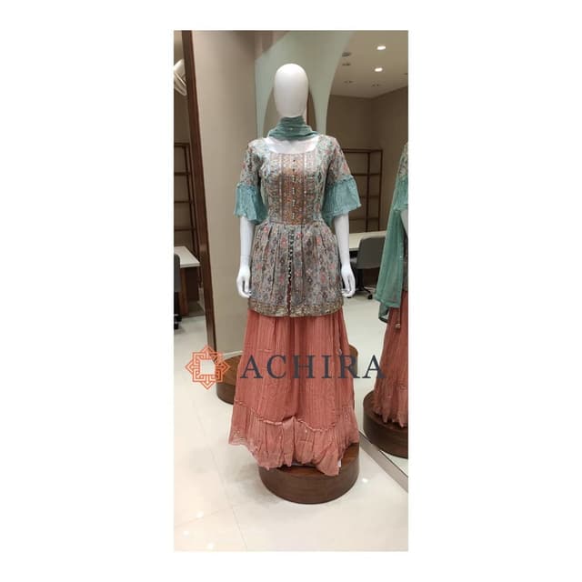 Peach, Grey, Blue Sharara Set