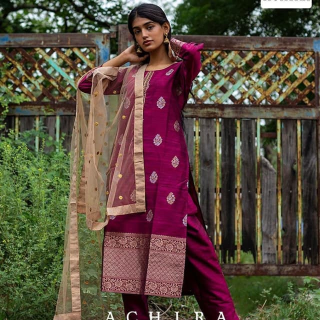 Magenta, Gold, Beige Salwar Kameez with Dupatta