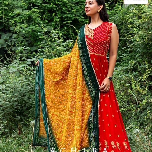 Red, Yellow, and Green Anarkali Dress with Dupatta