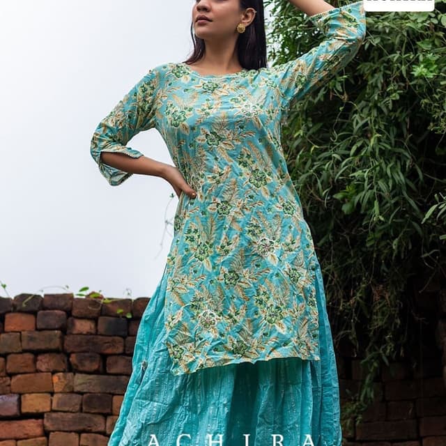 Teal, Green, Beige Kurta Skirt Set