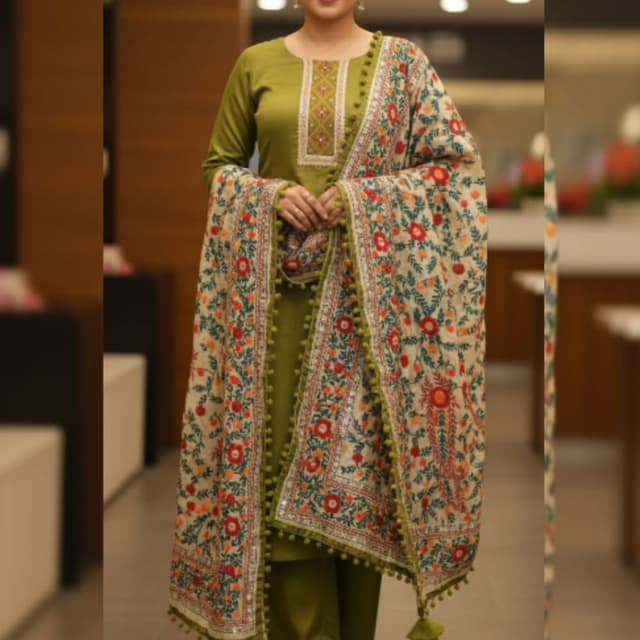 Olive Green, Beige, Red, Orange, Green Salwar Kameez with Dupatta