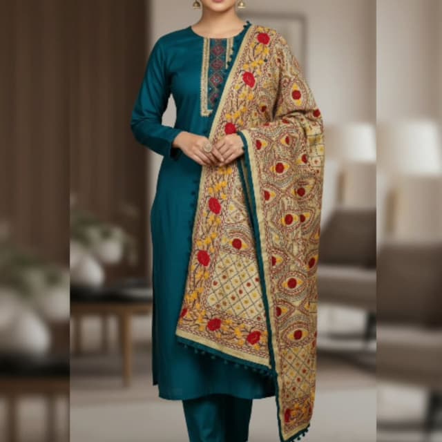 Teal, Beige, Red, Yellow Salwar Suit Set