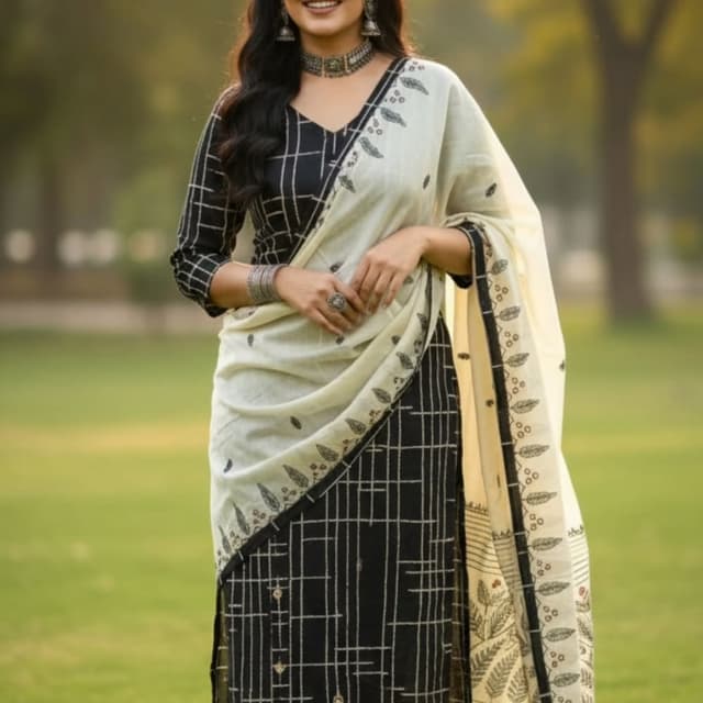 Black, White, Beige Kurta with Dupatta and Pants