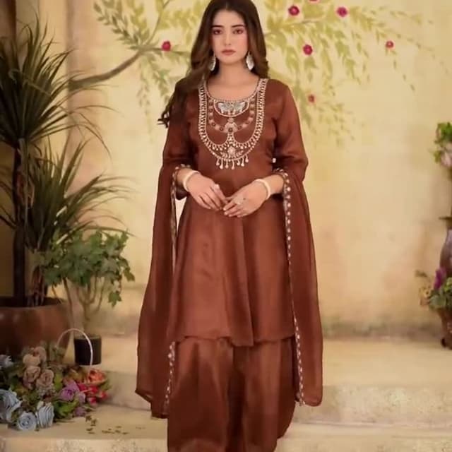 Brown Kurta with Palazzo and Dupatta