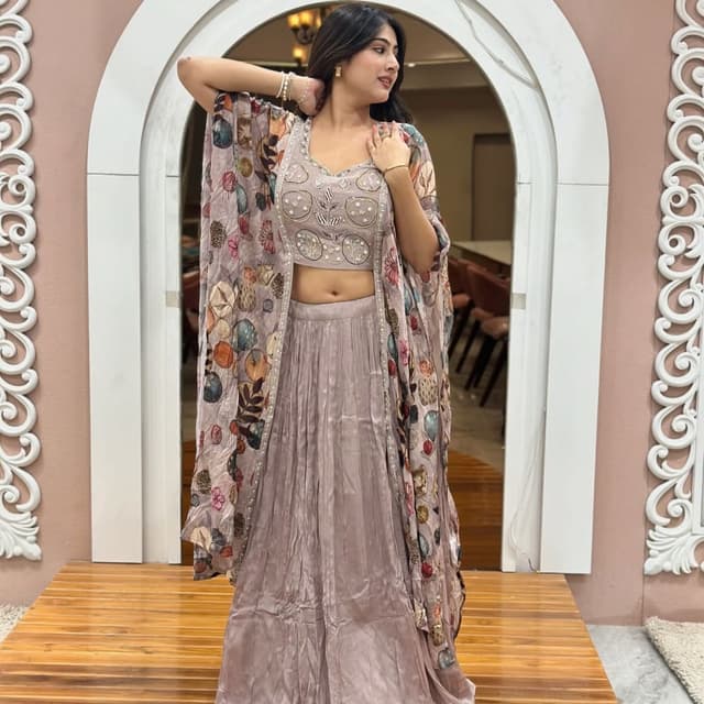Mauve, Multicolor Lehenga Choli with Cape