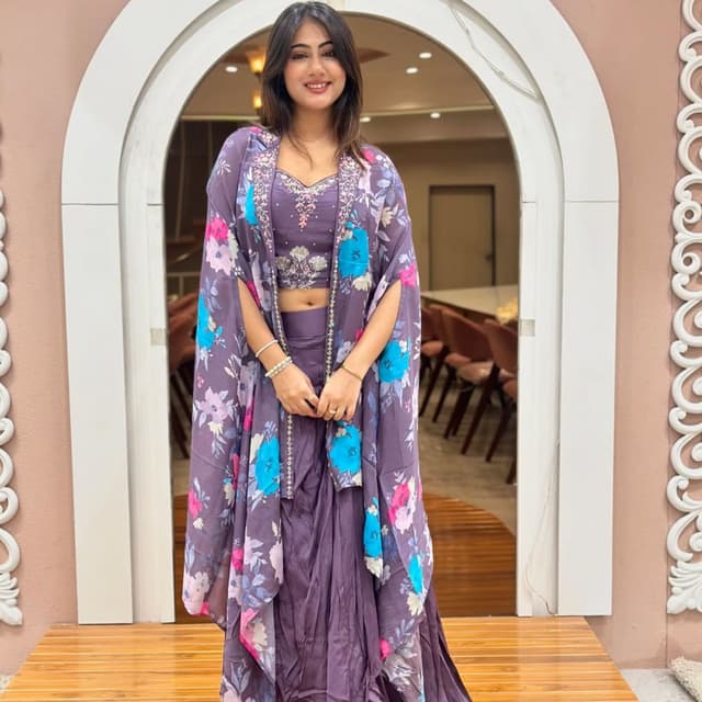 Purple, Blue, Pink, White Lehenga Choli with Cape