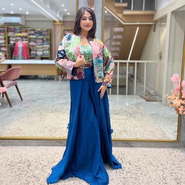 Royal Blue, Multicolored Jacket, Crop Top, Wide-Leg Pants
