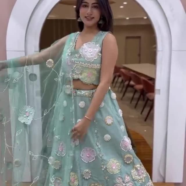 Seafoam Green, Pastel Pink, Gold, White Lehenga Choli