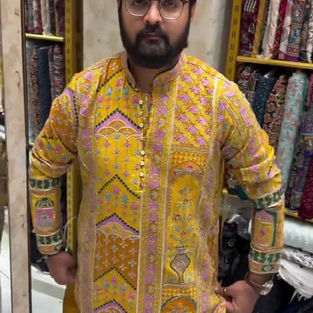 Mustard yellow with pink, green, and gold accents Kurta