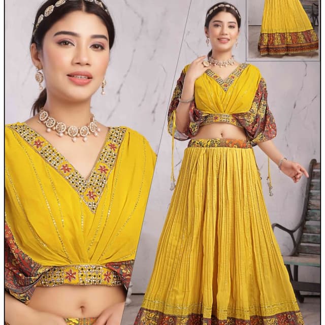 Yellow, Red, Brown, and Beige Lehenga Choli