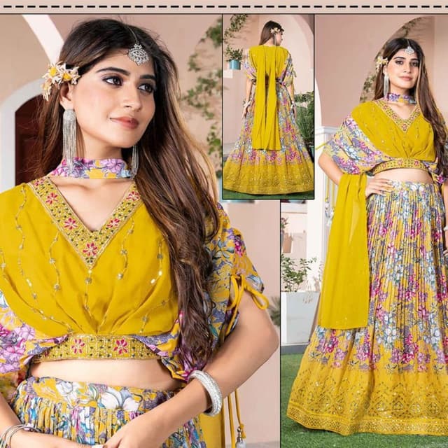 Mustard yellow with floral print Lehenga Choli
