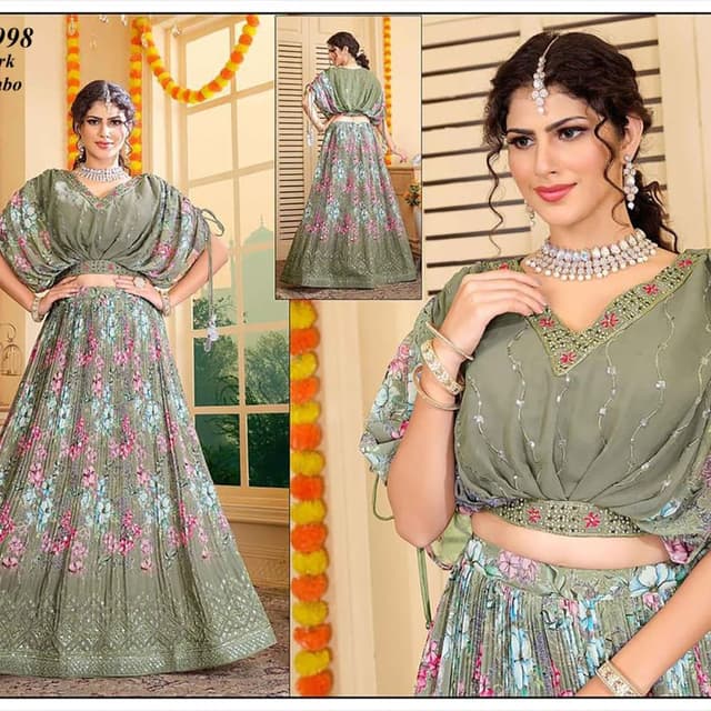Olive green, pink, and white floral print Lehenga Choli