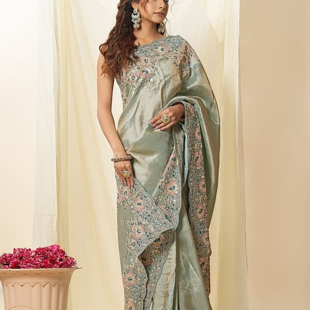 Sea Green, Pink, Beige Saree