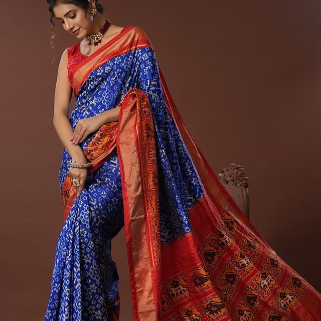 Royal Blue, Red, Gold, Orange Saree