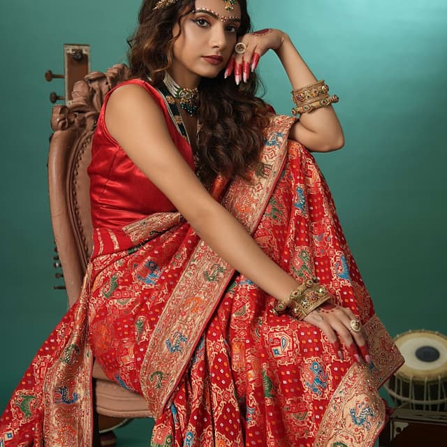 Red, Gold, Blue, Green, Orange Saree