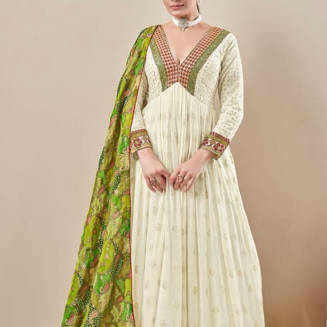 Ivory, Green, Red Anarkali Dress