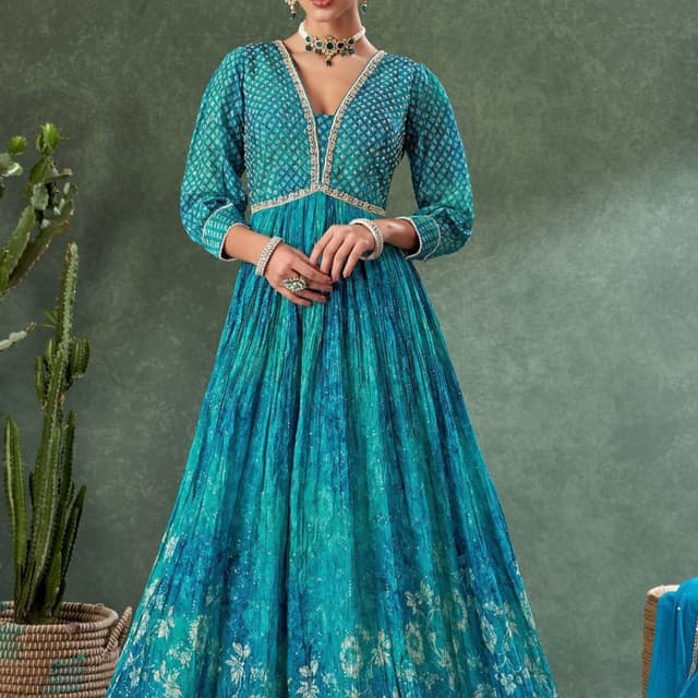 Teal, Blue, White, Gold Anarkali Dress