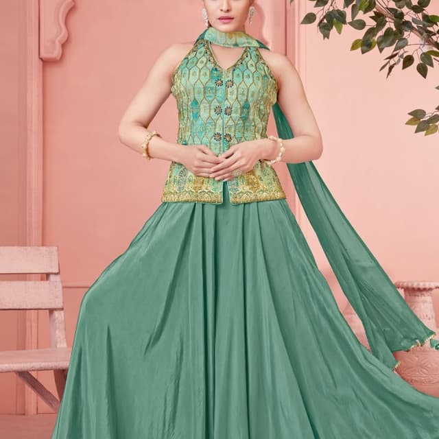 Teal, Gold Lehenga Choli