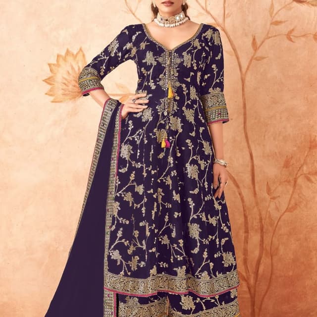 Navy blue and gold, with accents of pink, yellow, and green. Salwar Kameez