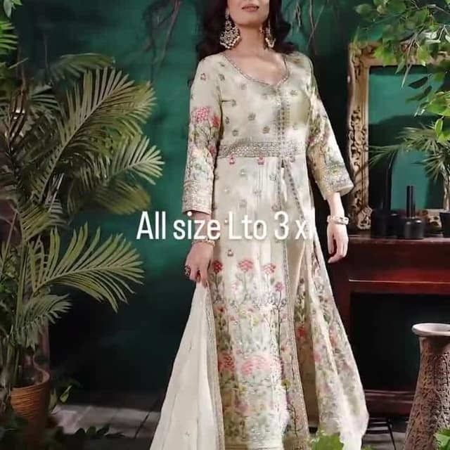 Off-white, with floral print in shades of pink, green, and hints of gold Anarkali Suit with Dupatta