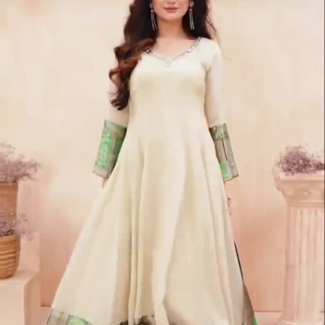 Off-white, Green, Gold Anarkali Dress