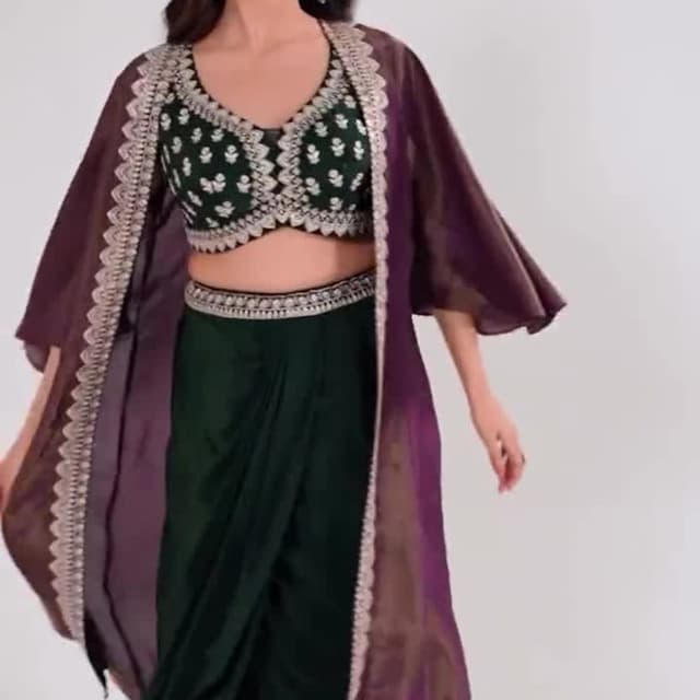 Green, Purple, Silver Lehenga Choli with Cape