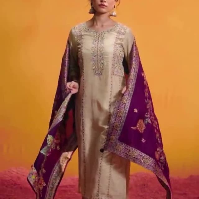 Beige, Purple, Gold Salwar Kameez with Dupatta