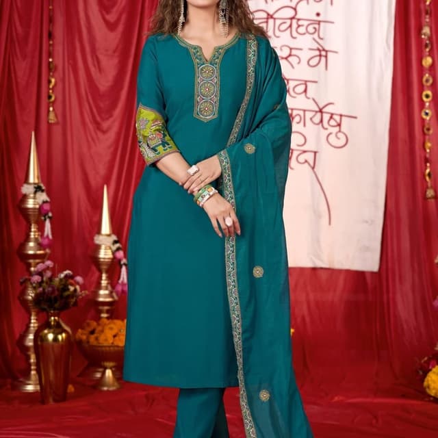 Teal, Green, Gold Salwar Kameez Suit