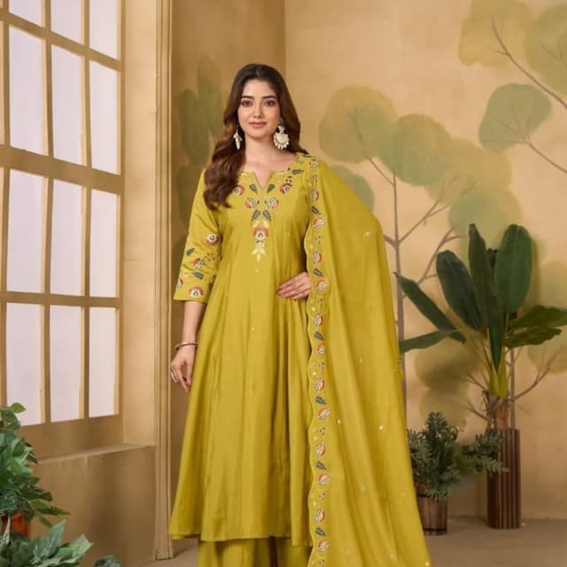 Olive Green with multi-colored embroidery Salwar Suit Set