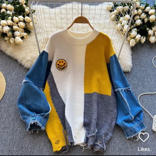 White, Yellow, Gray, Blue Sweater